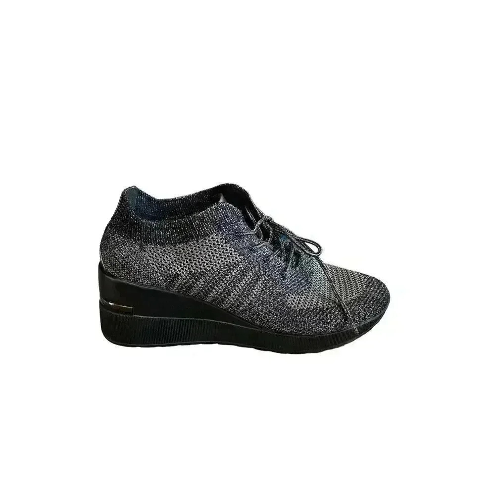 Cinzia Soft Wedge Metallic Silver Black Shoes Sneakers Lace Up 40 Italy US 9